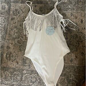 White rhinestone fringe bodysuit